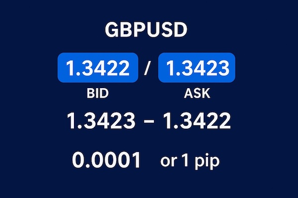 An infographic demonstrating how to calculate spread in Forex. A bid price of 1.3422 and an ask price of 1.3423 is depicted for GBPUSD, with the subsequent calculation providing a spread of 0.0001 or 1 pip.