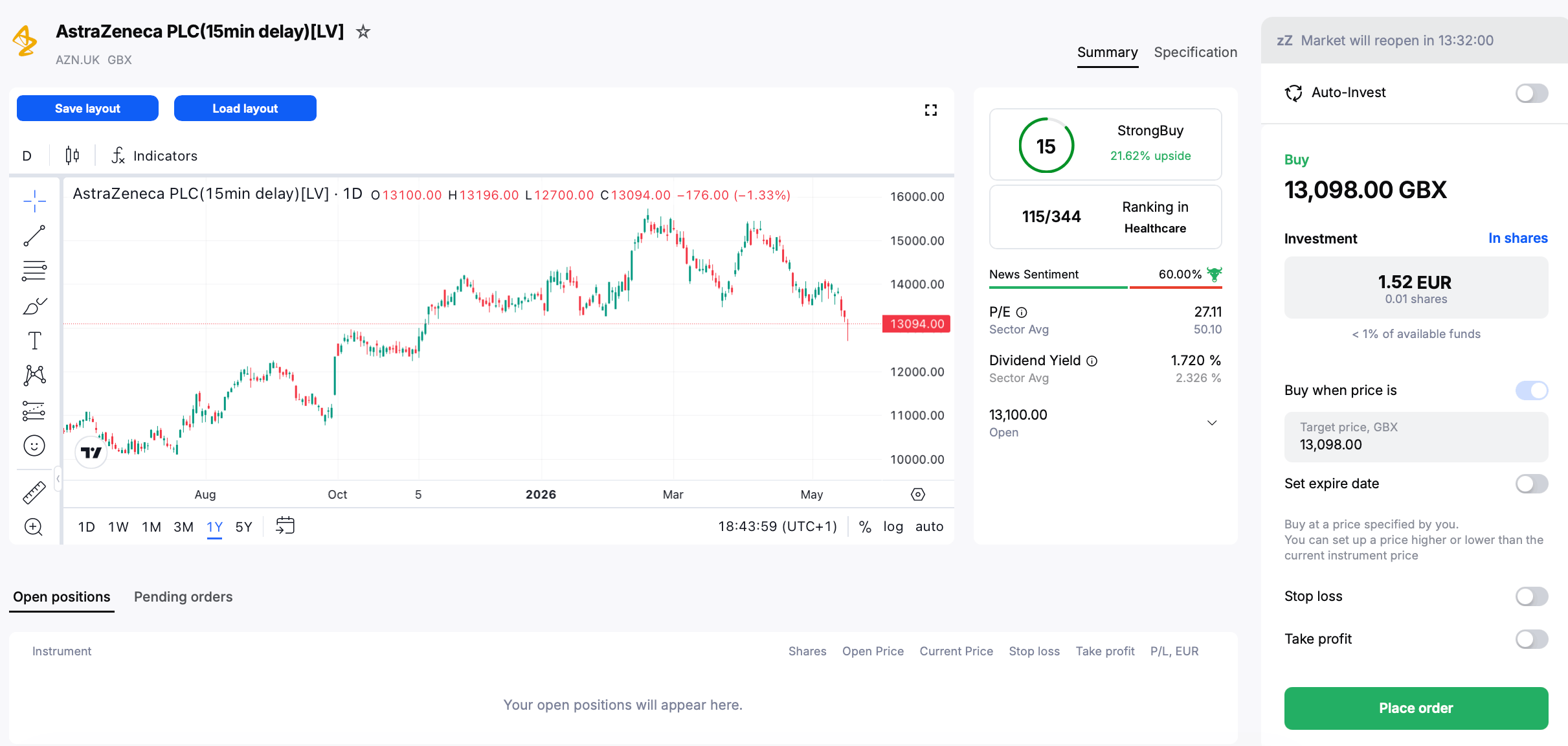 The instrument page for AstraZeneca shares in the Admirals Platform.