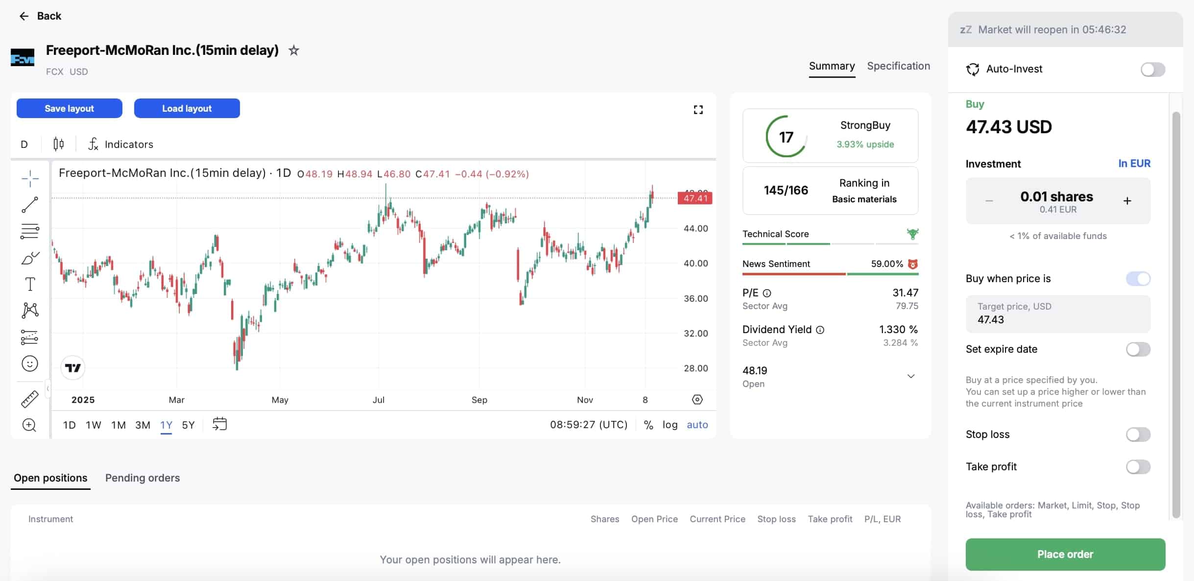 A new trading ticket on the Freeport-McMoRan instrument page in the Admirals Platform
