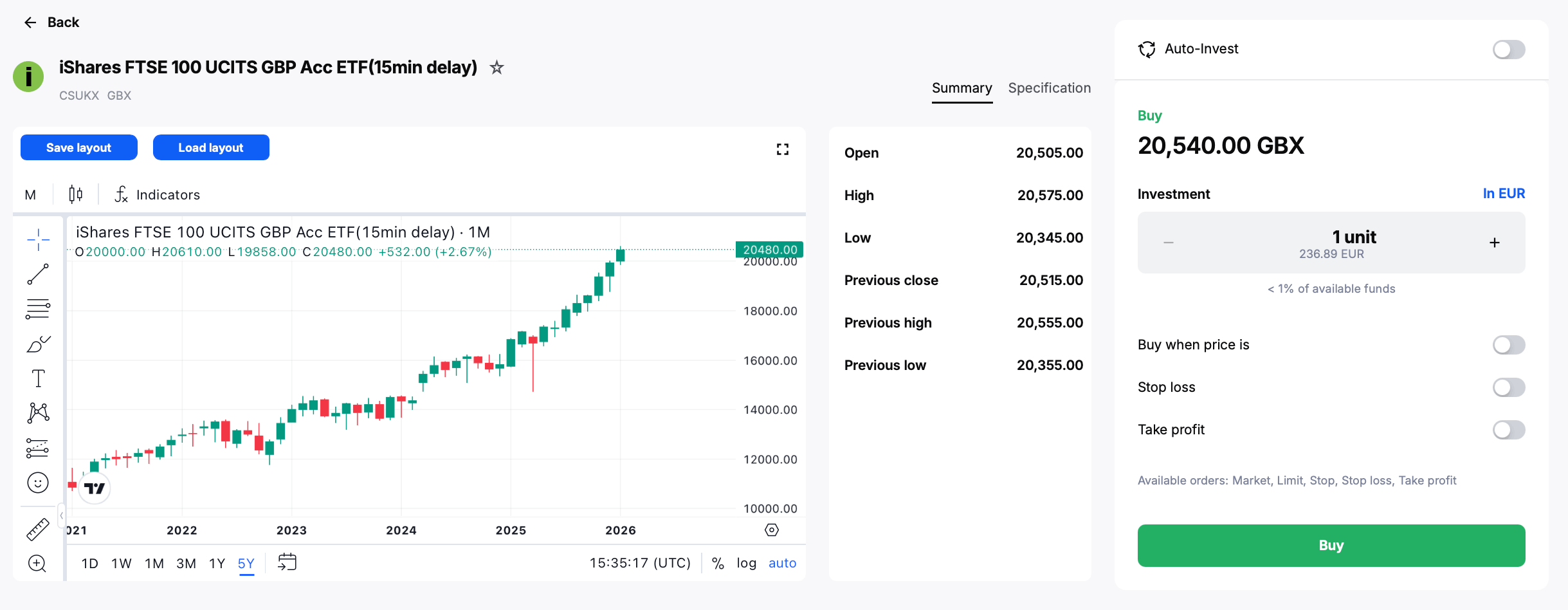 Instrument page for the iShares FTSE 100 UCITS ETF in the Admirals Platform.