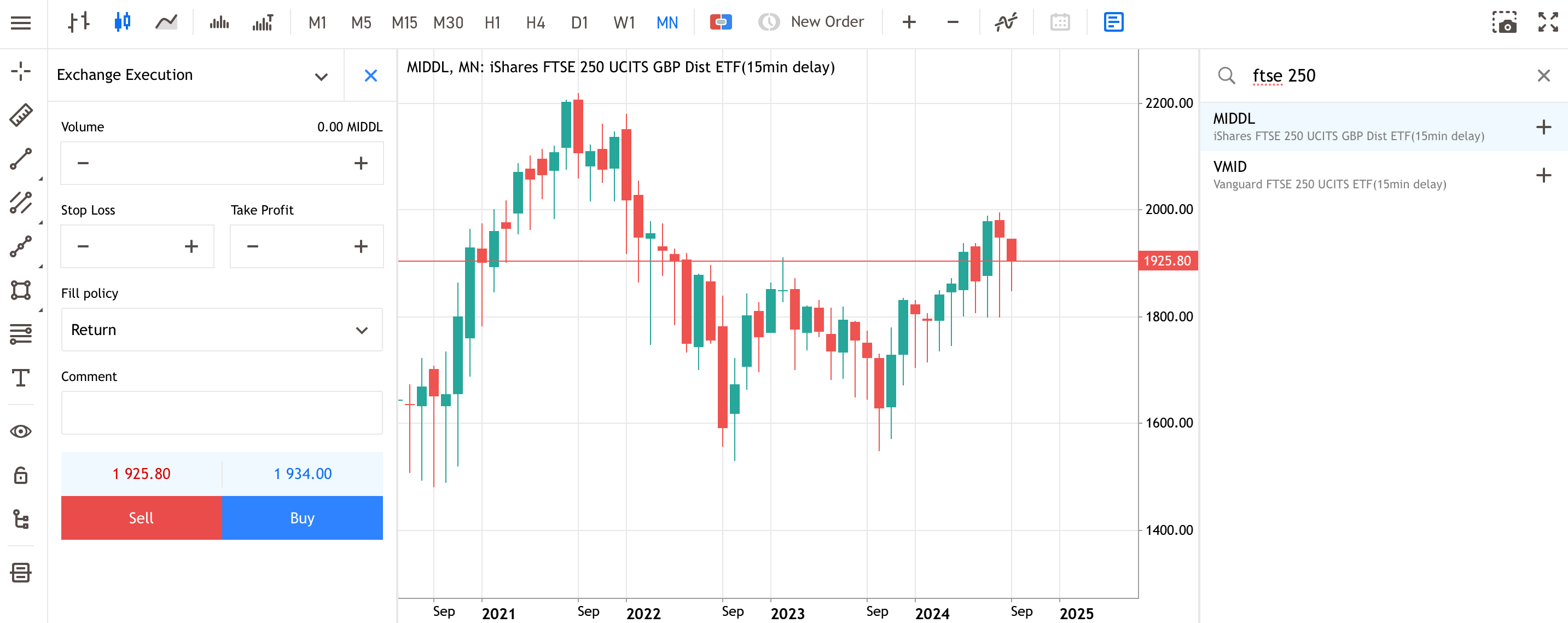 A new order window for buying shares in a FTSE 250 Tracker Fund in MetaTrader WebTrader.