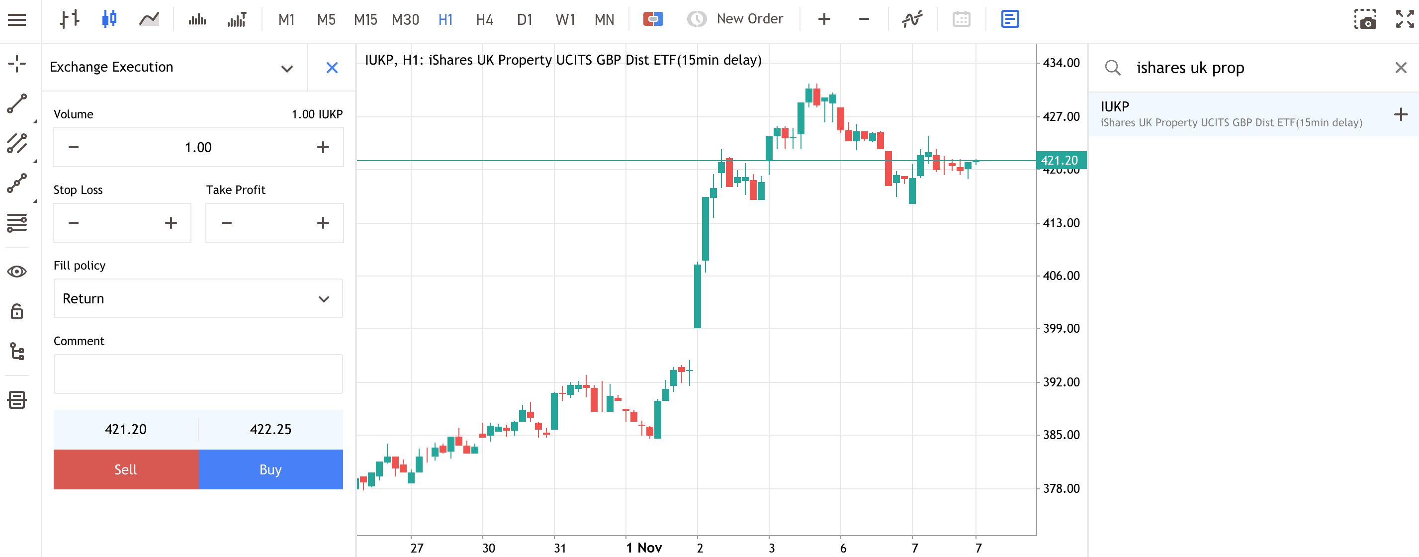 Order window for buying shares in iShares UK Property UCITS ETF in MetaTrader WebTrader.