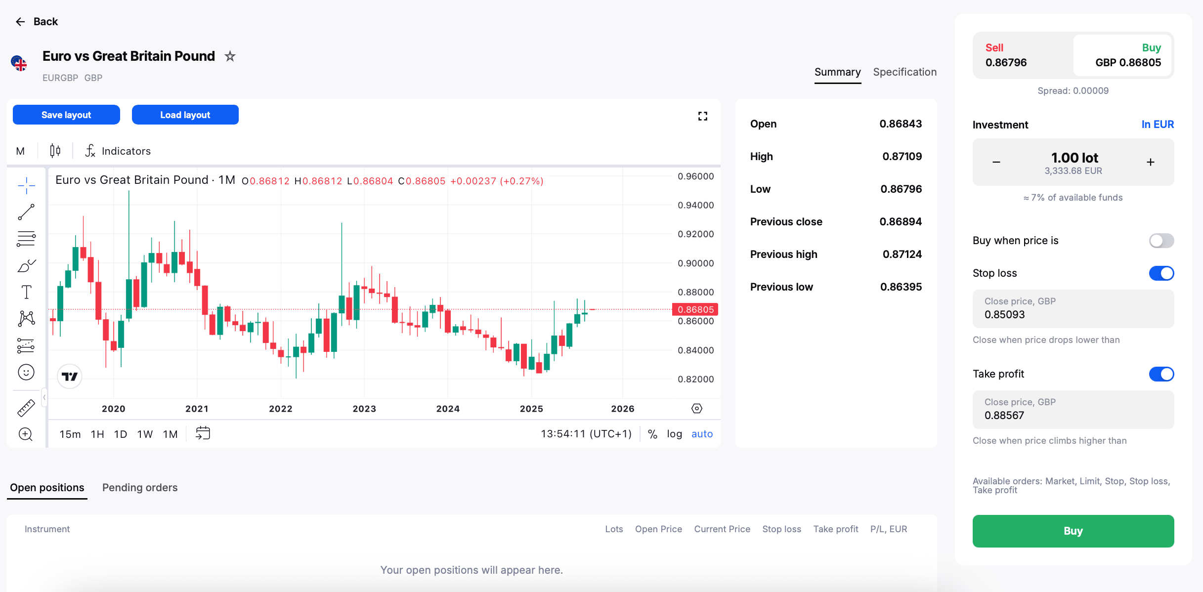 Filling in a new order window for trading EURGBP in Admirals Platform.