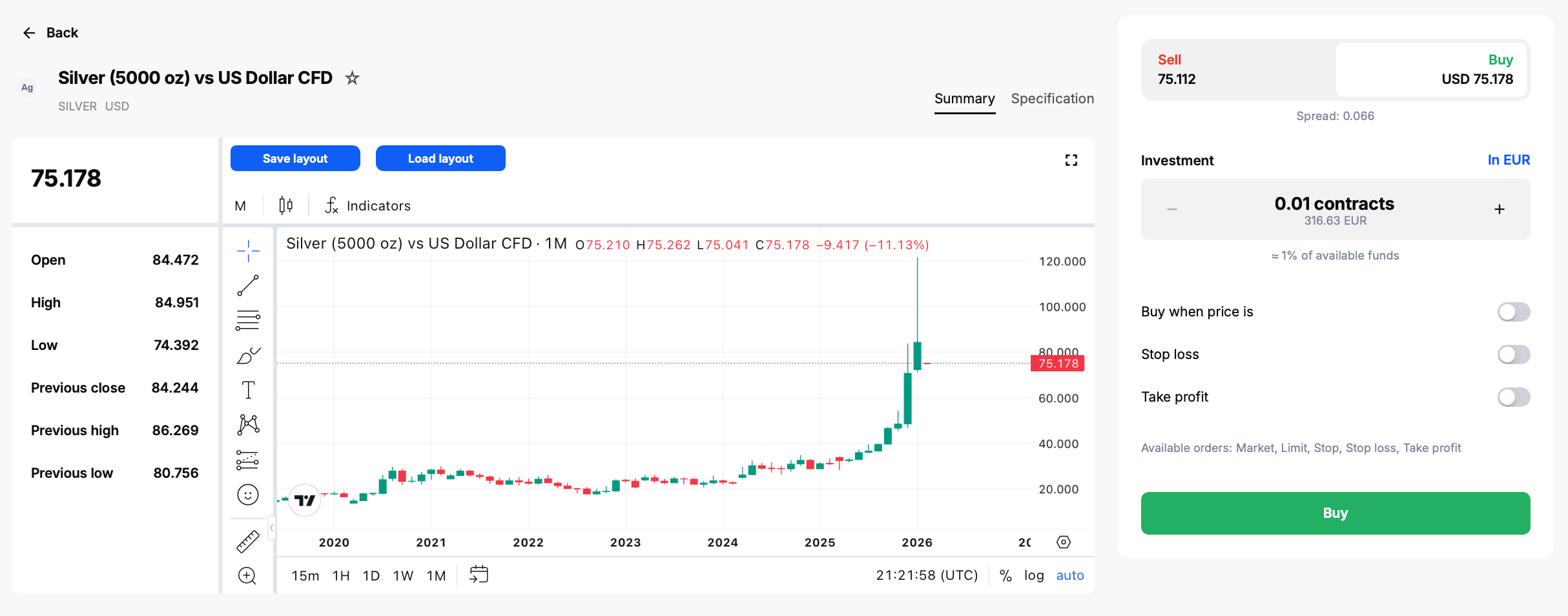 A silver CFD trading ticket in the Admirals Platform.