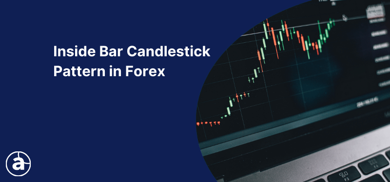 A laptop with a candlestick chart displayed on the screen alongside the text, "Inside Bar Candlestick Pattern in Forex".