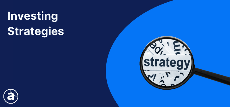 A magnifying glass hovering over the word "strategy". White text in the background reads "Investing Strategies".