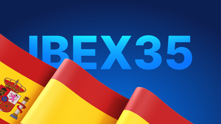 drapeau espagnol sur fond bleu avec le titre Ibex 35