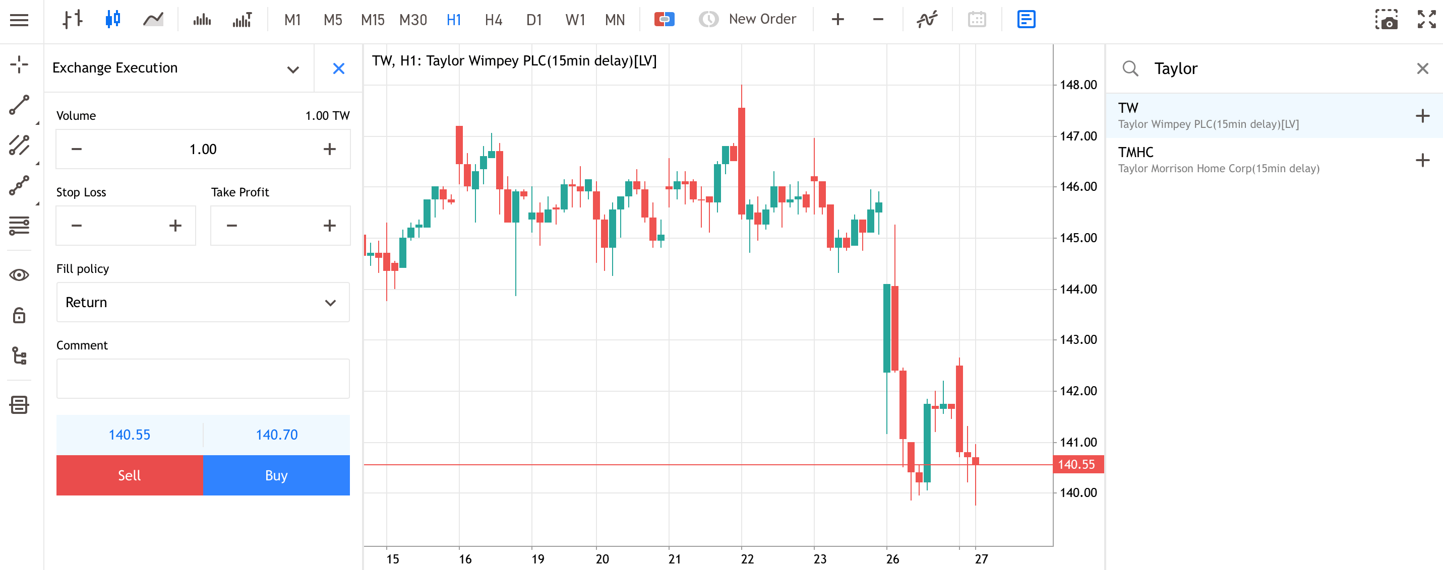 New order window for buying Taylor Wimpey UK housebuilder shares in MetaTrader WebTrader.