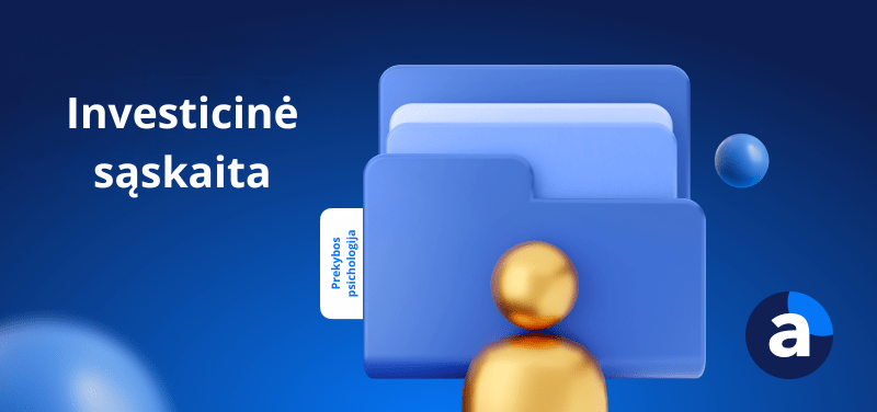 Mėlyname fone užrašas „Investicinė sąskaita“ ir stilizuoti failai su užrašu „Prekybos psichologija“