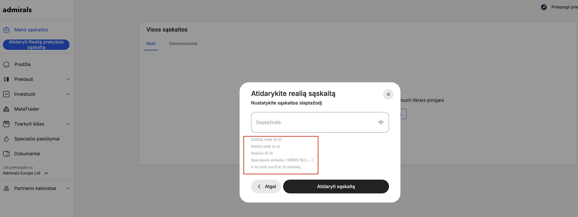 Investavimo sąskaitos slaptažodžio nustatymo langas su reikalavimais