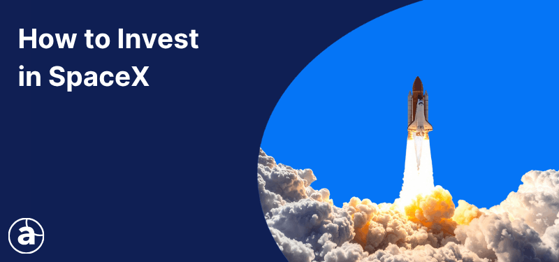 A space rocket taking off, white text in the background reads "How to Invest in SpaceX".
