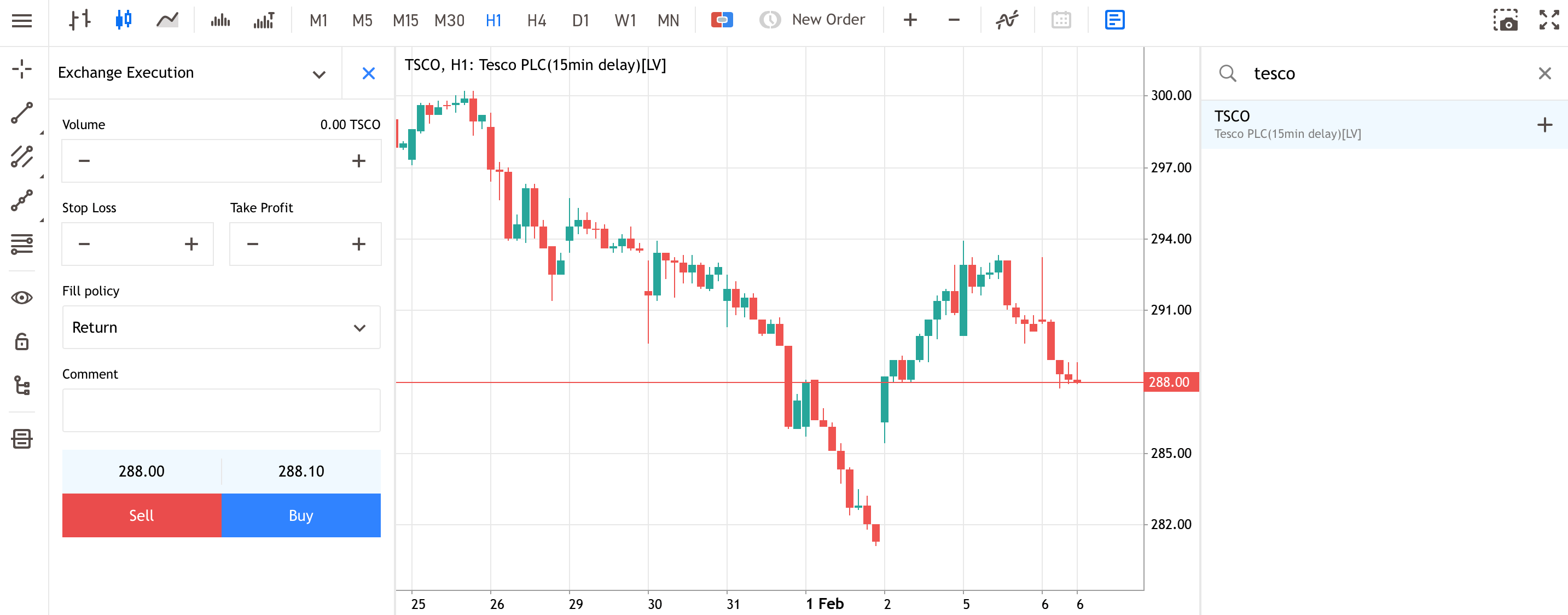 A new order window for buying shares in Tesco stock in MetaTrader WebTrader.