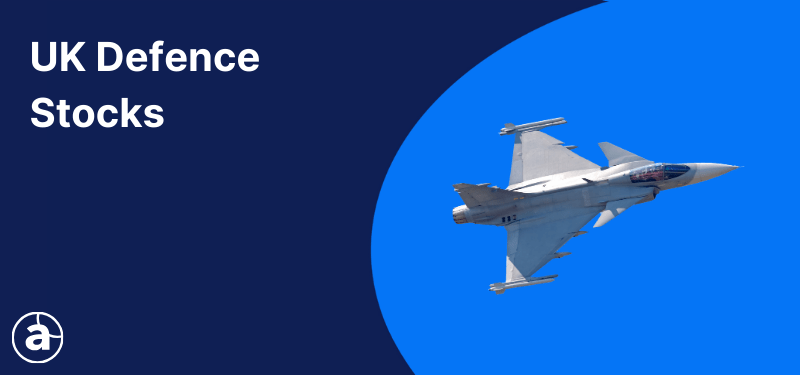 A jet flying on a blue background, white text reads: "UK Defence Stocks".