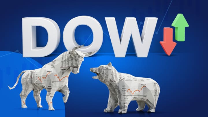 Ours et Taureau sur fond bleu avec une flèche rouge baissière et une flèche verte haussière et le titre DOW pour Dow Jones