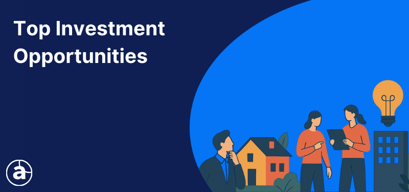 People standing on a blue background, white text reads "Top Investment Opportunities".