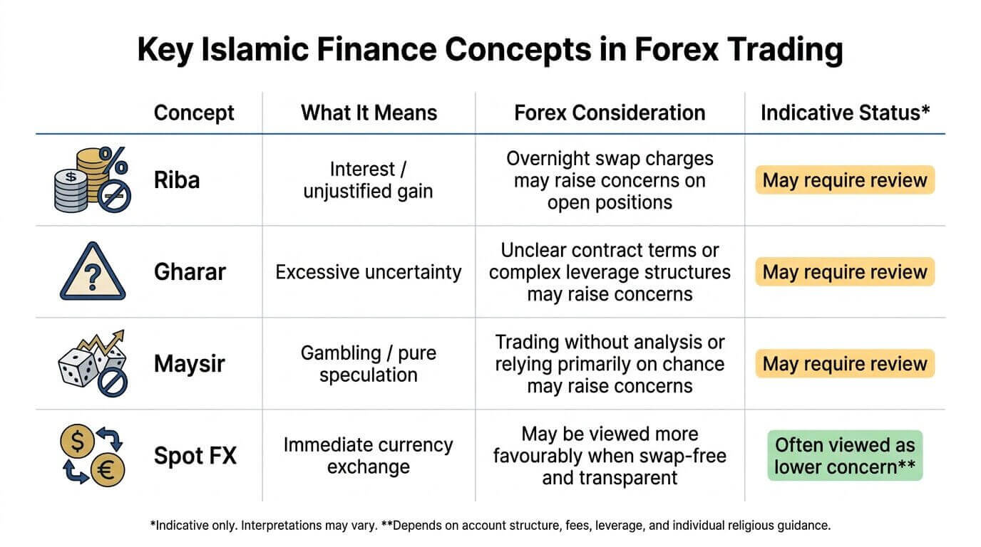 Infographic explaining key Islamic finance concepts in forex trading, including Riba, Gharar, Maysir, and Spot FX considerations.