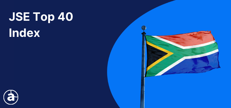 A South African flag flying on a blue background, with white text reading "JSE Top 40 Index".