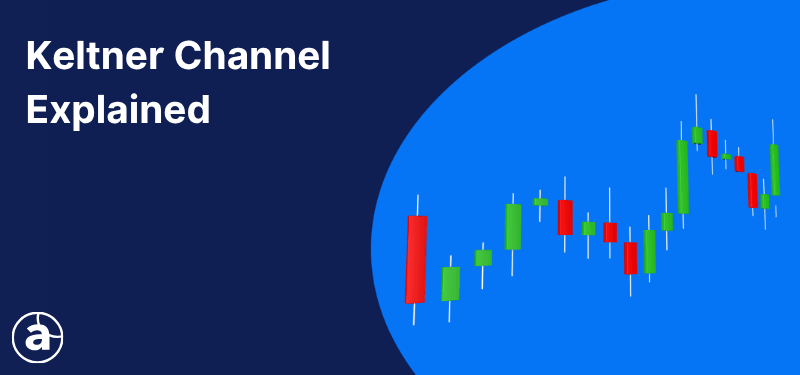 Japanese candlestick chart on blue background, white text reads "Keltner Channel Explained".