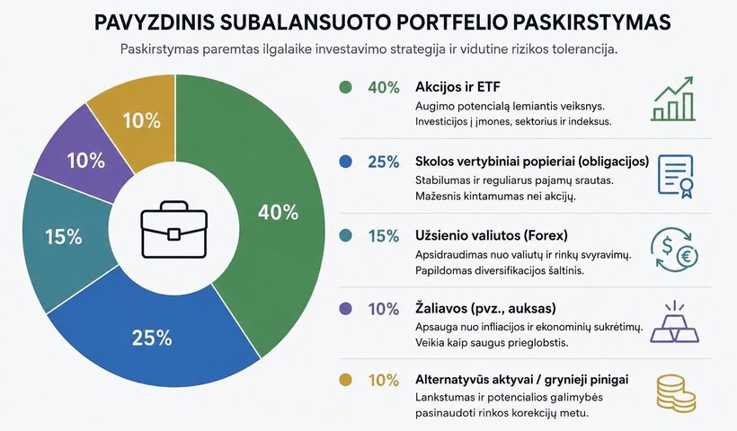 Skritulinė diagrama, rodanti pavyzdinį subalansuoto portfelio paskirstymą.