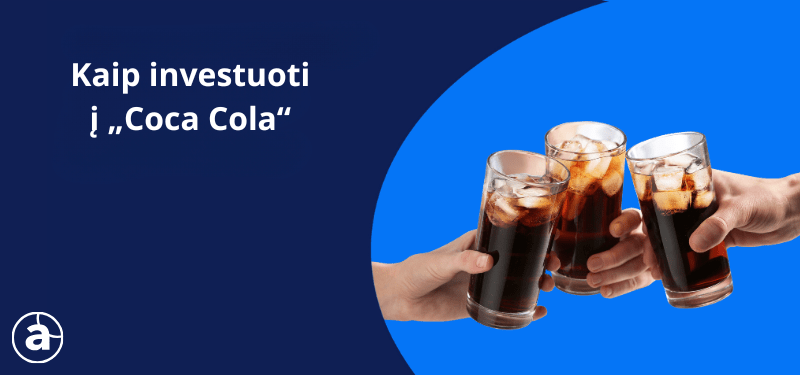 Mėlyname fone kairėje pusėje užrašas „Kaip investuoti į Coca Cola“, o dešinėje pusėje 3 plaštakos laiko aukštas stiklines su Coca Cola gėrimu ir ledukais.