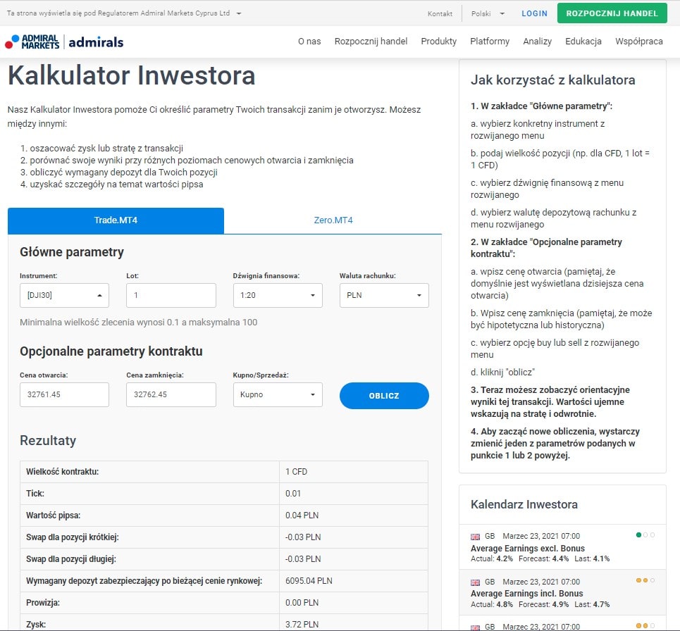 Kalkulator Inwestora - down jones zrzut ekranu