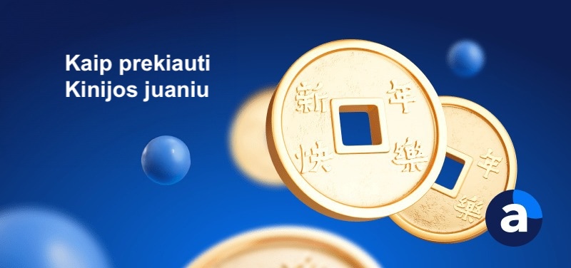 Mėlyname fone Kinijos juanio simboliai ir užrašas „Kaip prekiauti Kinijos juaniu“