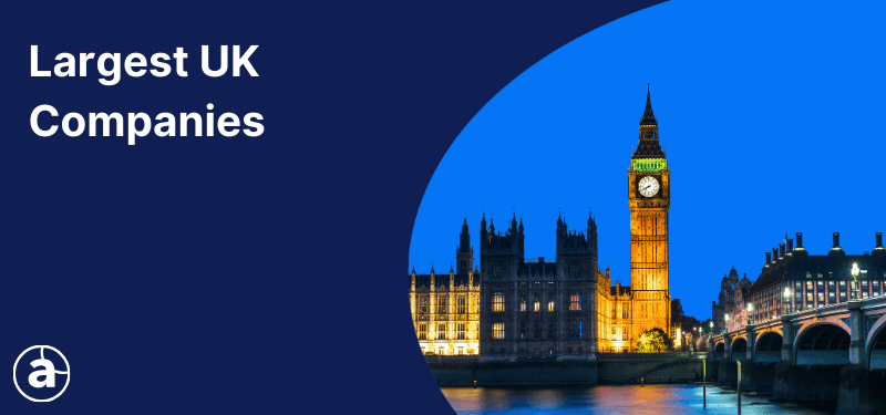 A London skyline with Big Ben and the Houses of Parliament. White text reads "Largest UK Companies".