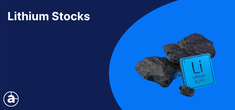Symbol for lithium on a blue background, white text in the background reads "Lithium Stocks".
