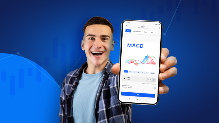 Egy férfi a telefonján a MACD indikátort mutatja a MACD indikátor használatát szimbolizálva.