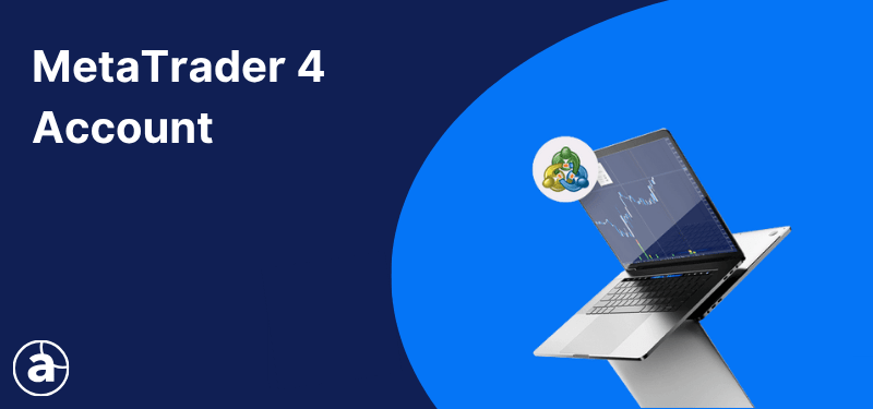 An open laptop on a blue background, white text reads "MetaTrader 4 Account".