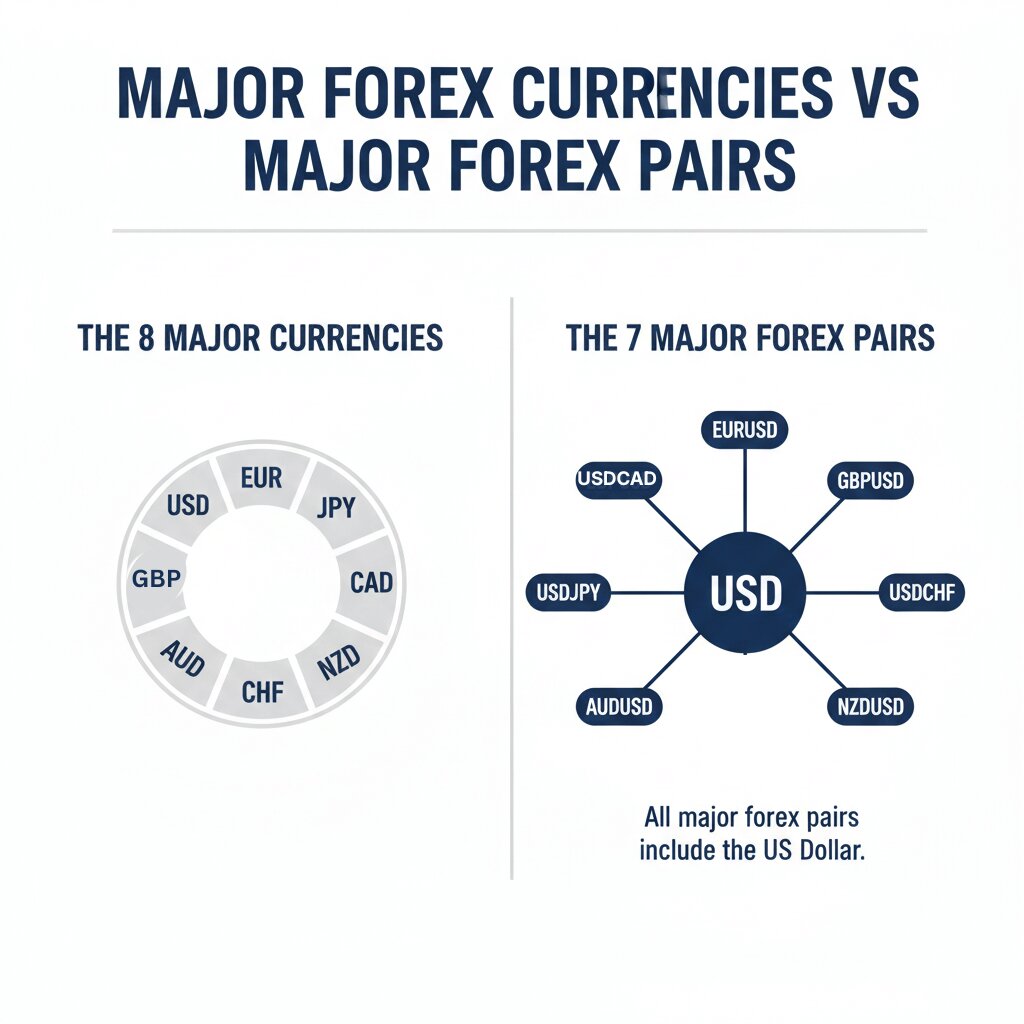 An infographic showing eight major currencies and seven major currency pairs.