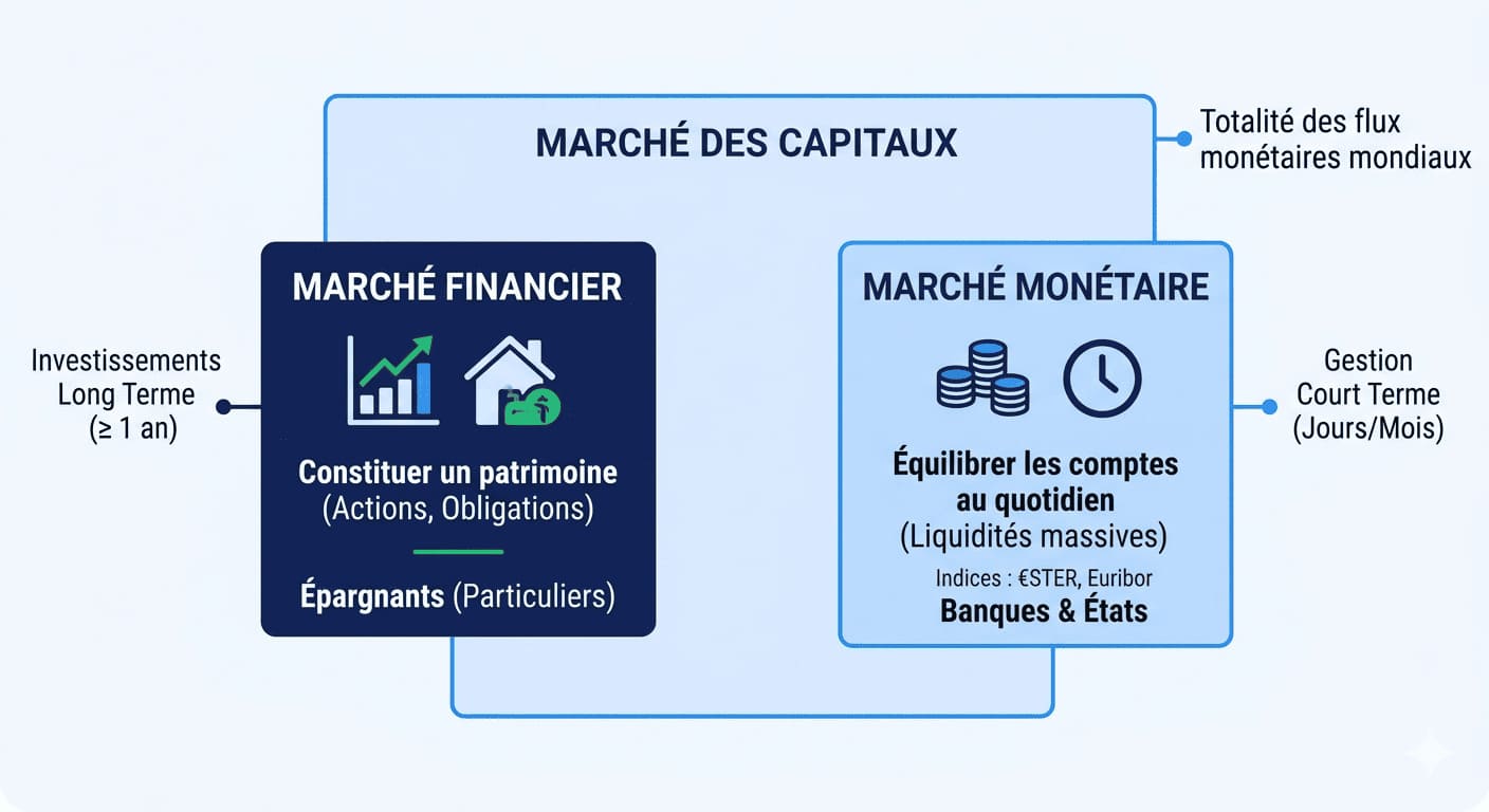 Infographie du marché des capitaux divisé en marché financier (long terme) et marché monétaire (court terme).