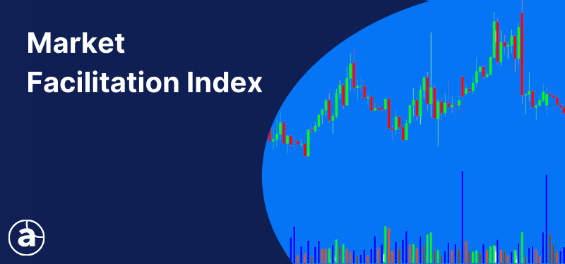 Japanese candlestick chart with Market Facilitation Index applied on a blue background, white text reads: "Market Facilitation Index".