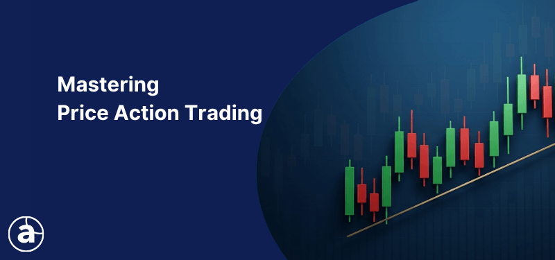 Mastering Price Action Trading banner showing an example candlestick chart with an upward trendline.
