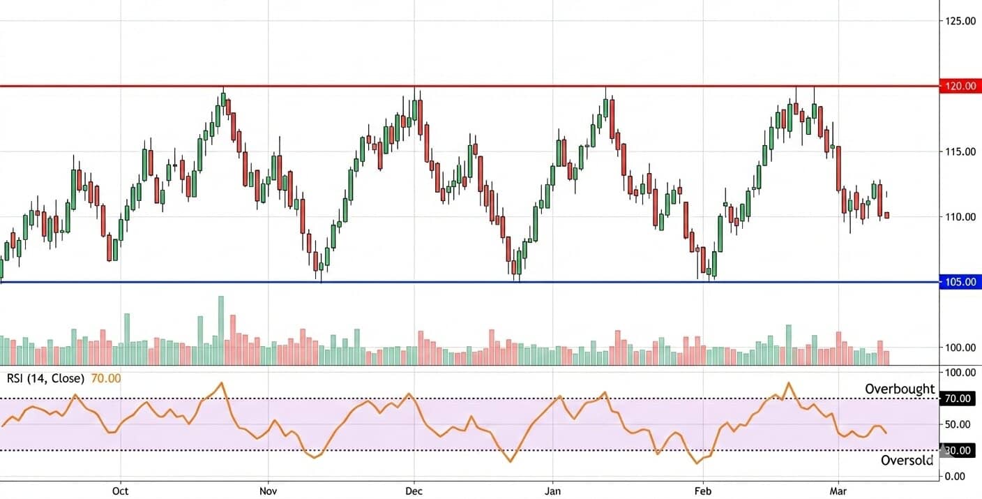 A chart with price moving sideways between horizontal support and resistance levels. The Relative Strength Index oscillator is shown beneath the main chart window.