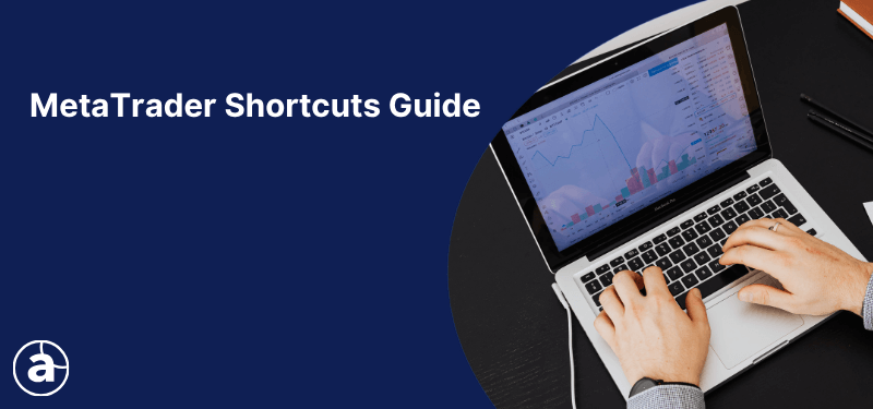 A man typing on a laptop displaying trading charts, alongside a blue background, representing a MetaTrader shortcuts and MT4 and MT5 hotkeys guide.
