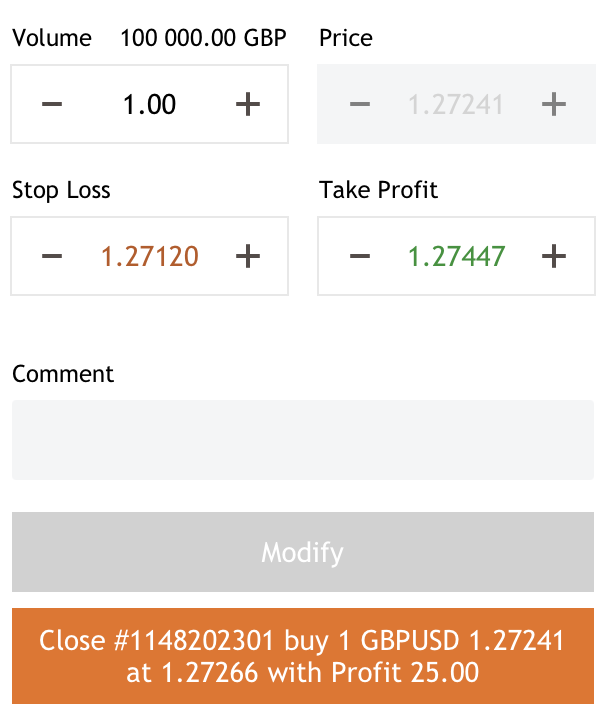 „MetaTrader 5 WebTrader“ atviros pozicijos keitimo langas