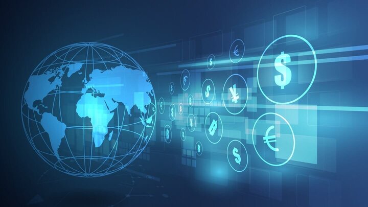 Mi a Forex kereskedés, a képen fölgömb és valuta szimbólumok láthatók kék háttérrel.