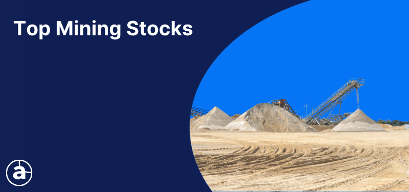 Mining equipment on a blue background. White text reads "Top Mining Stocks".