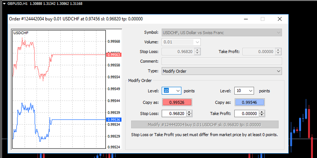 'Modify order' screen for the GBP/USD currency pair in MetaTrader 4