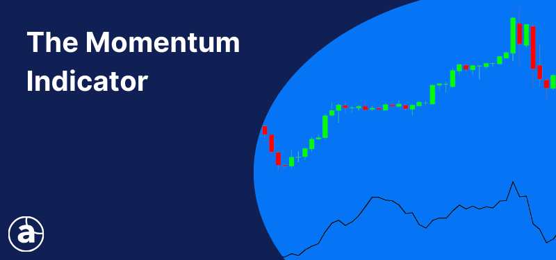 Candlestick chart with the momentum indicator applied on a blue background, white text reads: "The Momentum Indicator".