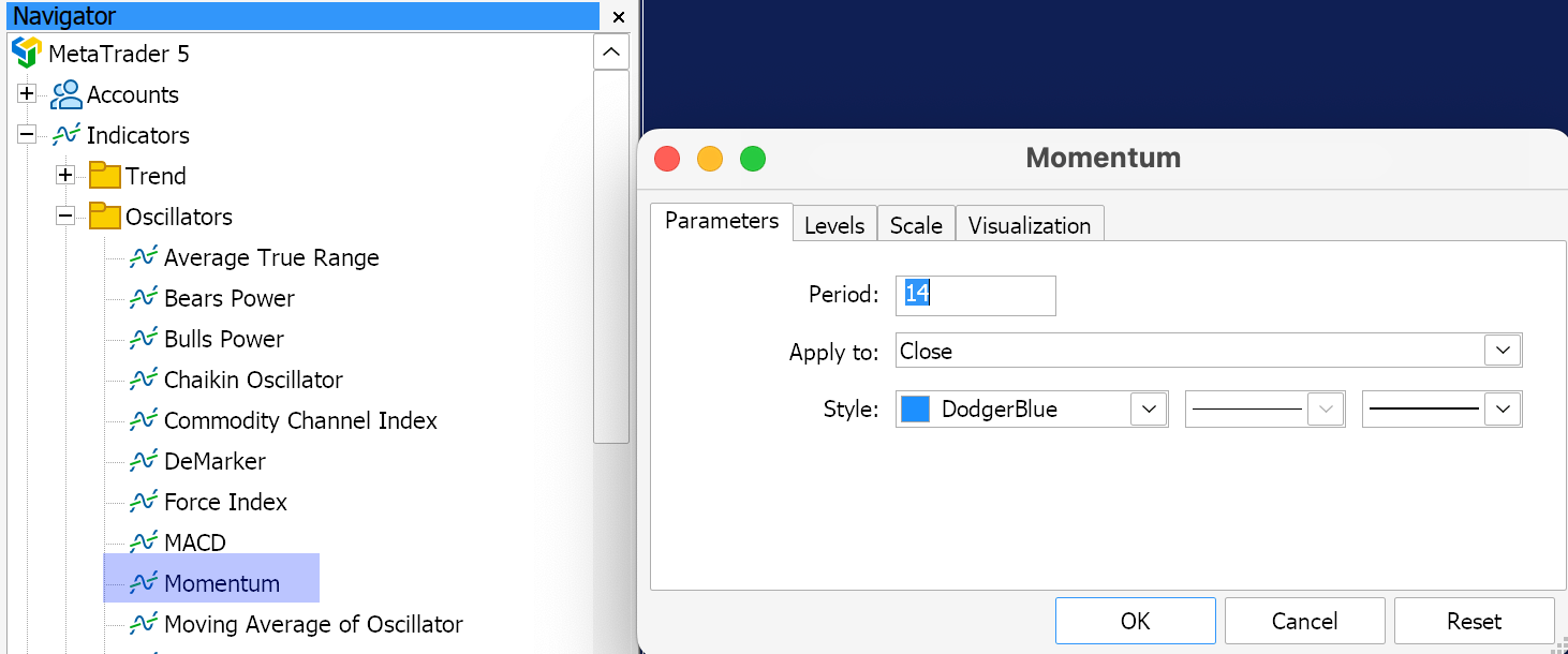 The Momentum Indicator settings in MetaTrader 5.