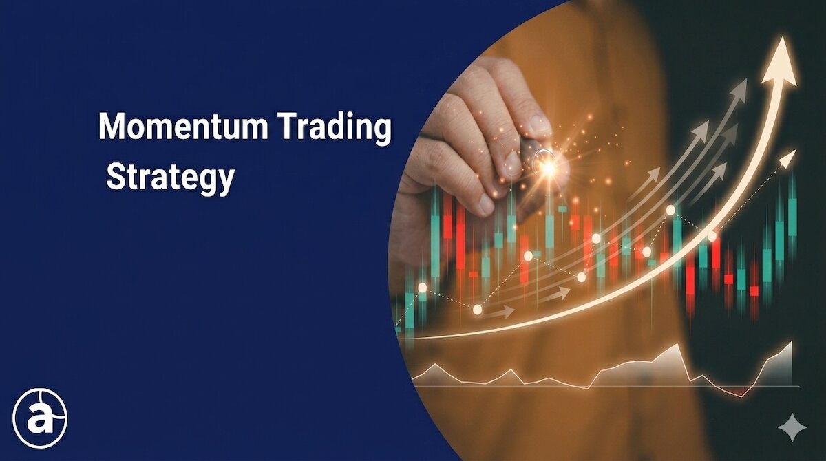 Momentum trading strategy graphic with candlestick chart, upward arrows, and market trend illustration.