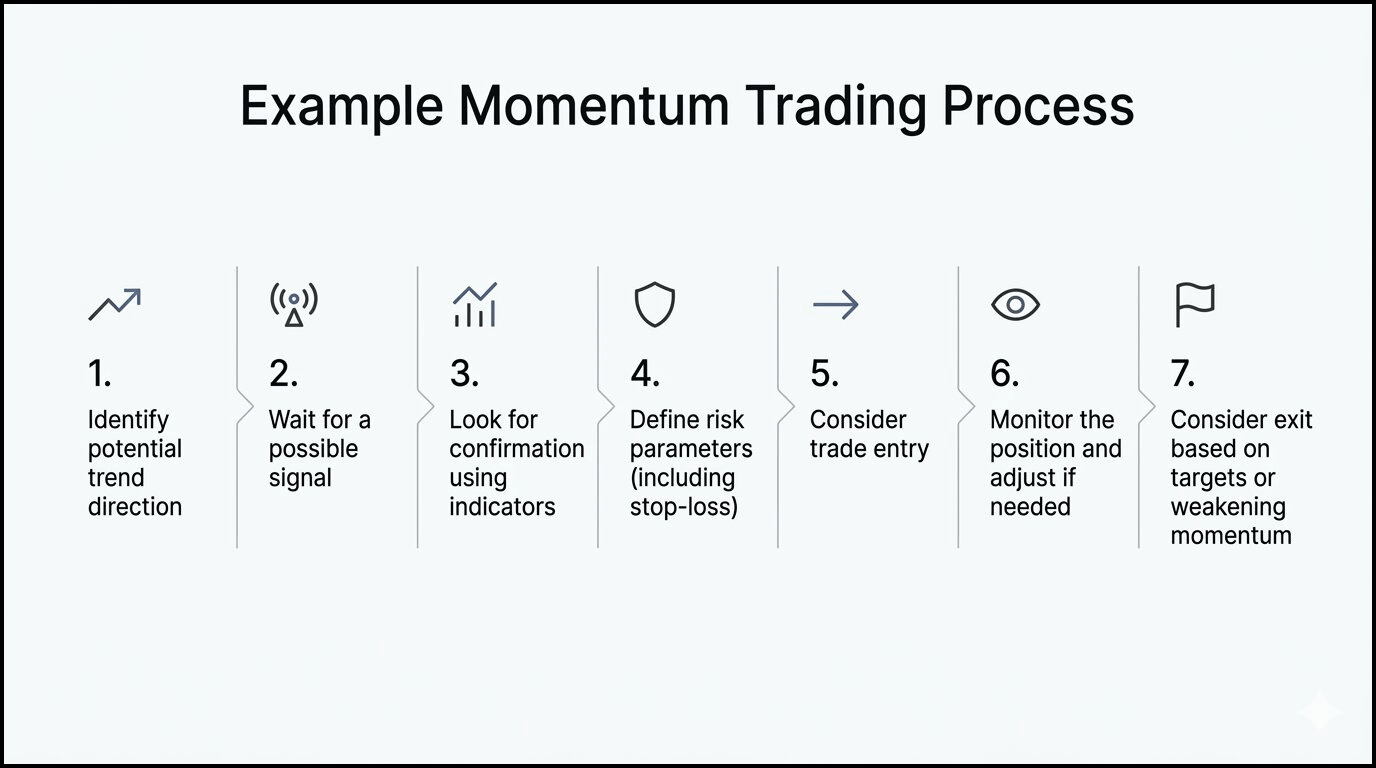 Example momentum trading process showing seven steps from trend identification to trade exit.