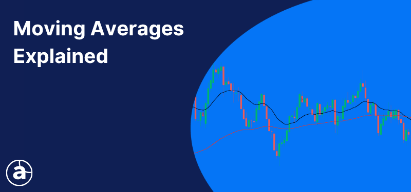 Japanese candlestick chart with a moving average added. White text in the background reads "Moving Averages Explained".