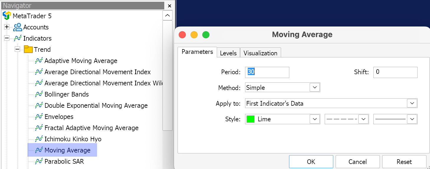 Moving Average Settings in MetaTrader 5.