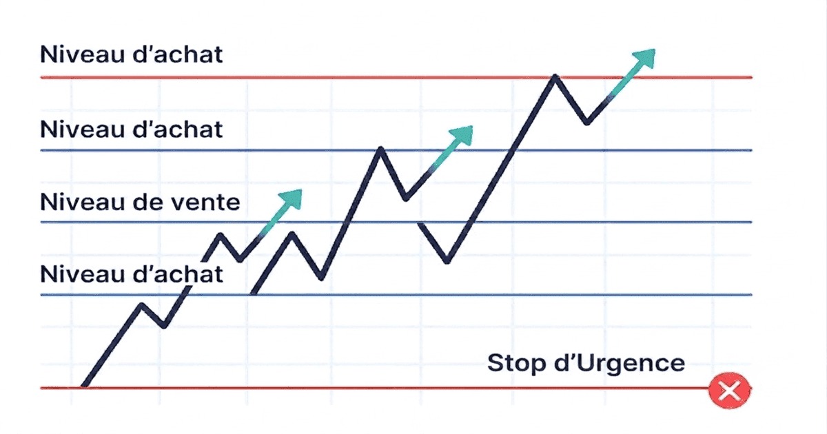 Graphique schématique de l'évolution d'un cours avec des niveaux d'achat et de vente définis, des flèches indiquant d'éventuels mouvements haussiers, ainsi qu'un « arrêt d'urgence » marqué pour limiter les risques.