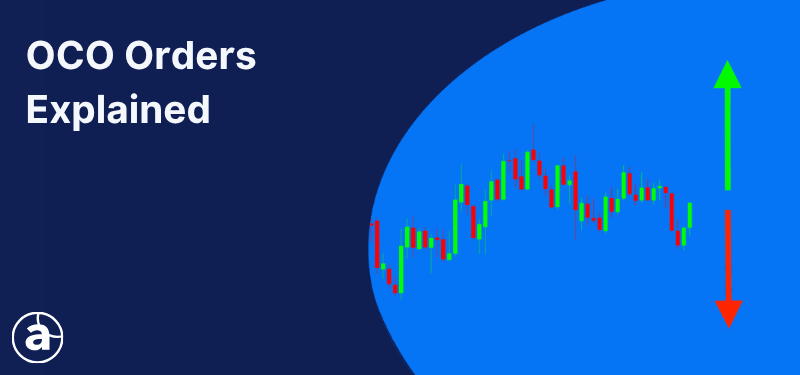 Japanese candlestick chart on a blue background, white text reads: "OCO Orders Explained".