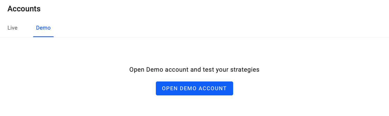 The account section in the Admirals Dashboard, a blue button reads "Open Demo Account".