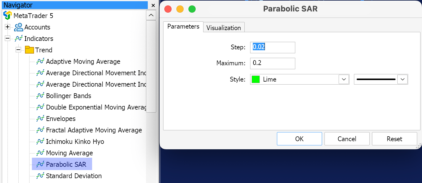 The Parabolic SAR settings window in MetaTrader 5.